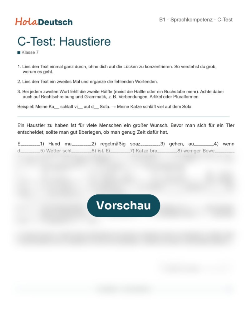 C-Test Haustiere – mittel (Klasse 7, B1)