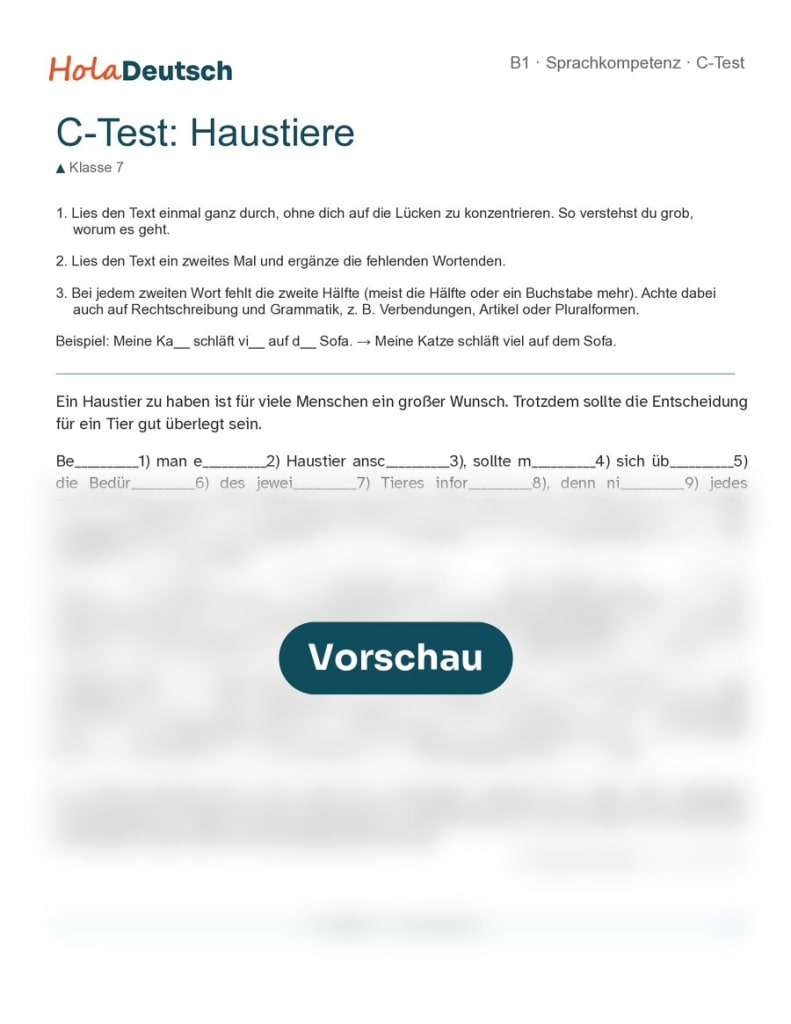 C-Test Haustiere – schwer (Klasse 7, B1)