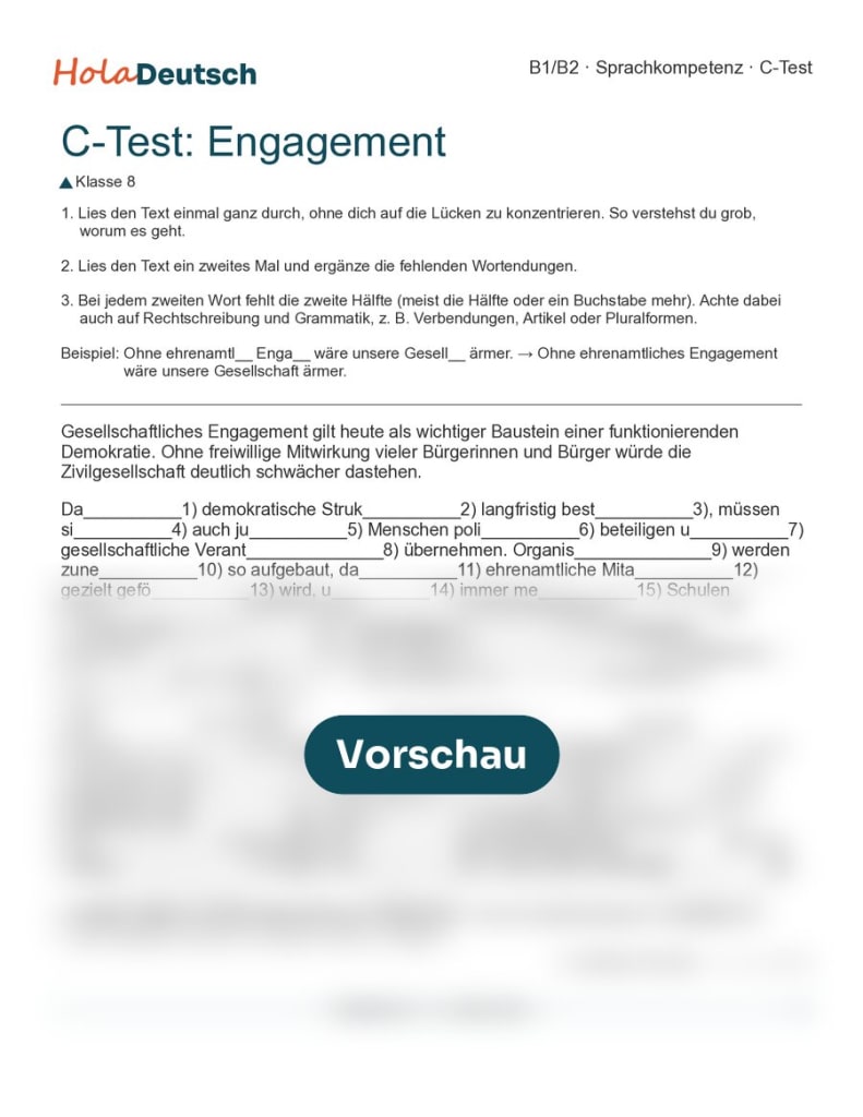 C-Test Engagement – schwer (Klasse 8, B1/B2)