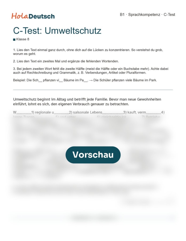 C-Test Umweltschutz – mittel (Klasse 8, B1)