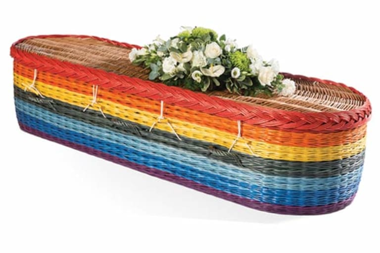 Rainbow coloured willow coffin