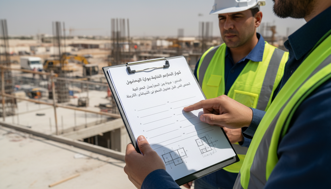مقاول رئيسي ومقاول باطن يراجعان ملاحظات استلام الأعمال داخل موقع إنشائي