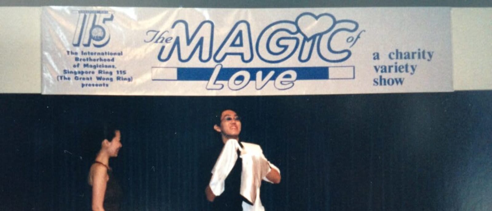 Mr Bottle performing on stage at an International Brotherhood of Magicians charity show in 2000.