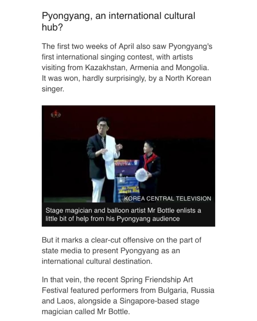 Mr Bottle on stage at the April Spring Friendship Art Festival in Pyongyang in 2018.