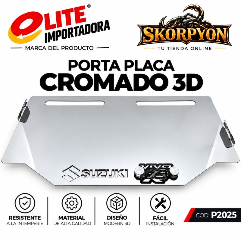 Porta Placa Suzuki Viva R 3D Cromado Liso Completo