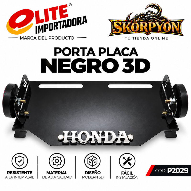 Porta Placa Honda 3D Negro con Tragaluz
