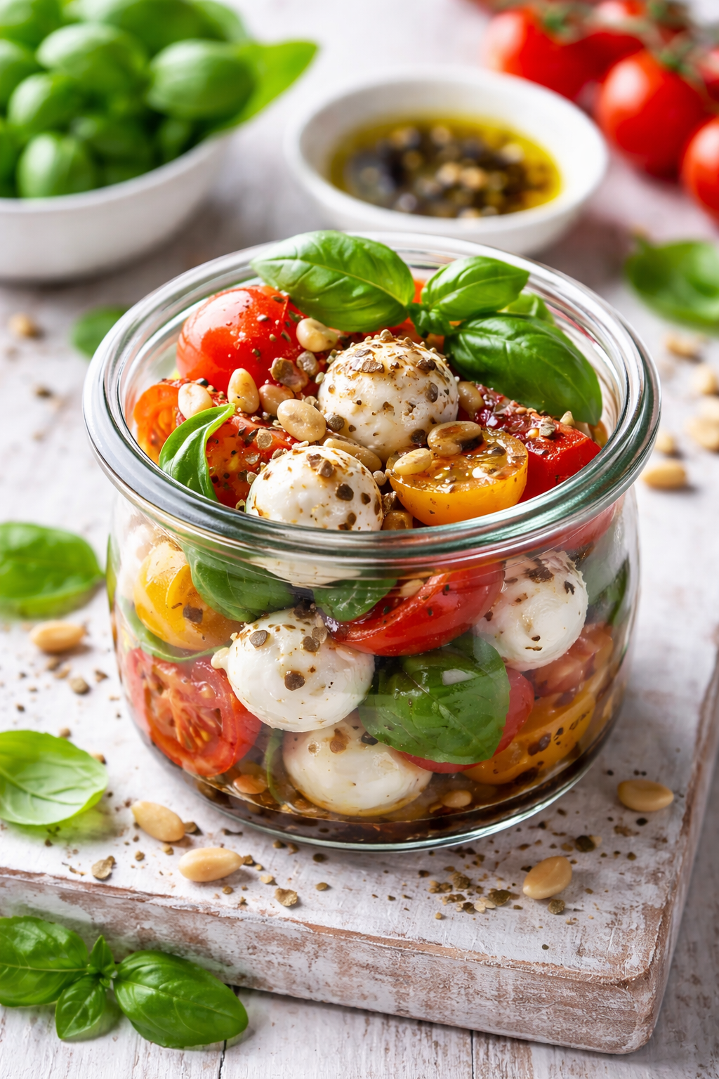 Tomaten und Mozzarella Salat im Gläschen (veggie)