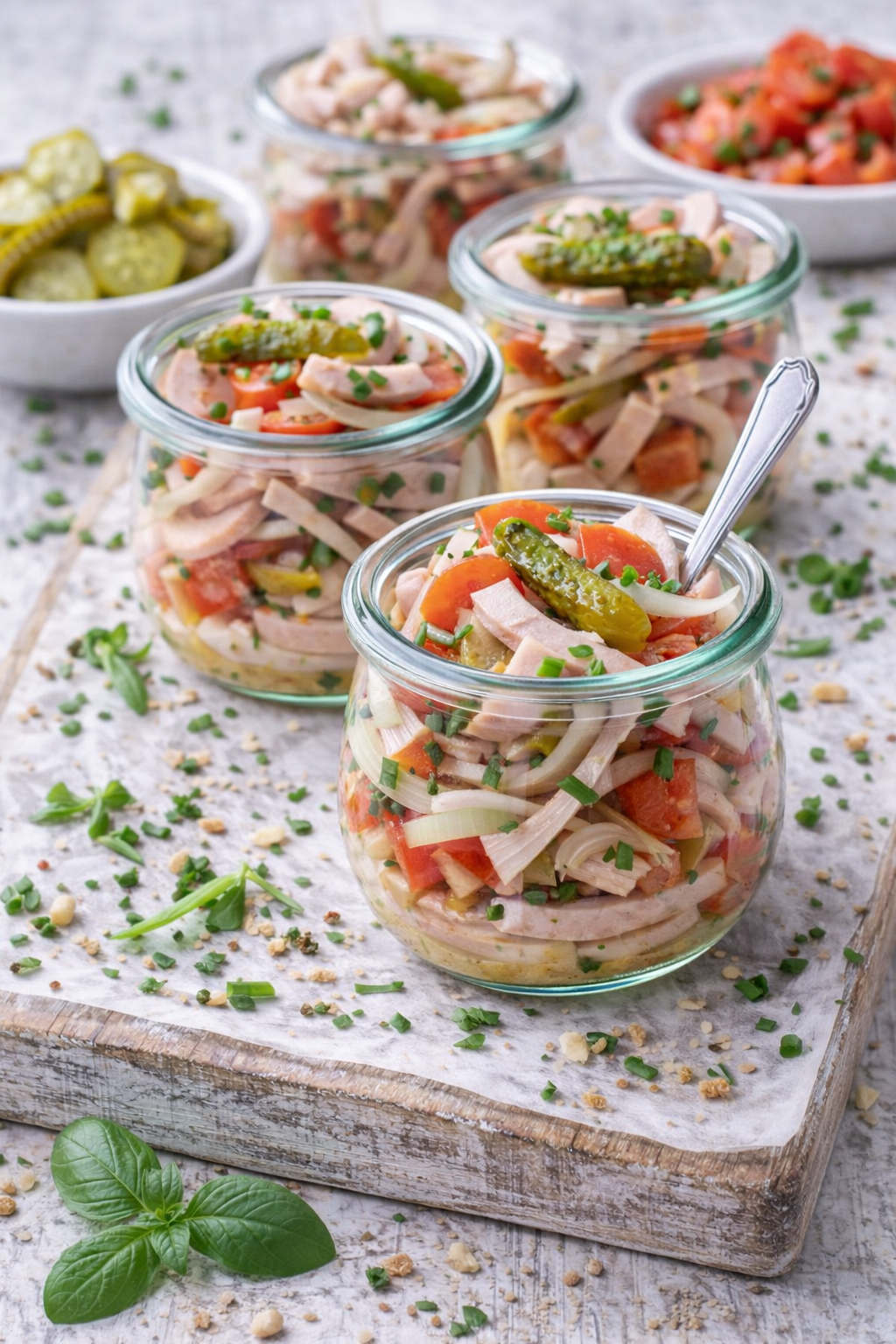 Bayrischer Wurstsalat in kleinen Schälchen
