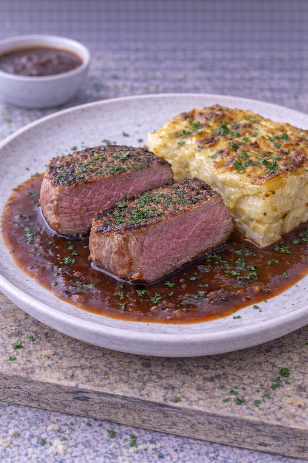 Rosa gebratenes Kalbsrückensteak mit Trüffeljus