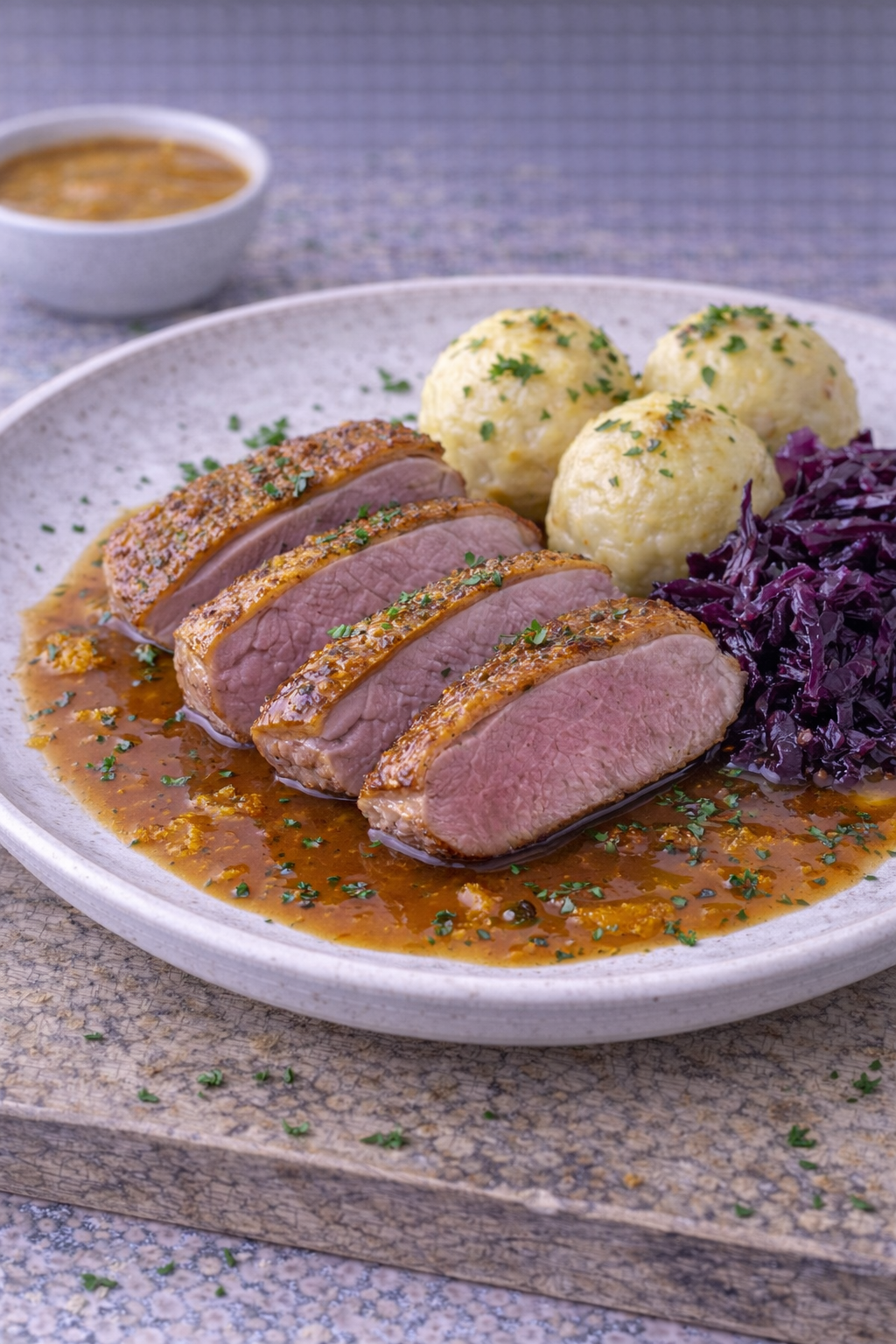 Rosa Entenbrust mit fruchtiger Orangensauce
