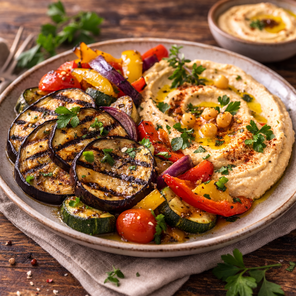 Auberginen-Steak mit Hummus & Ofengemüse