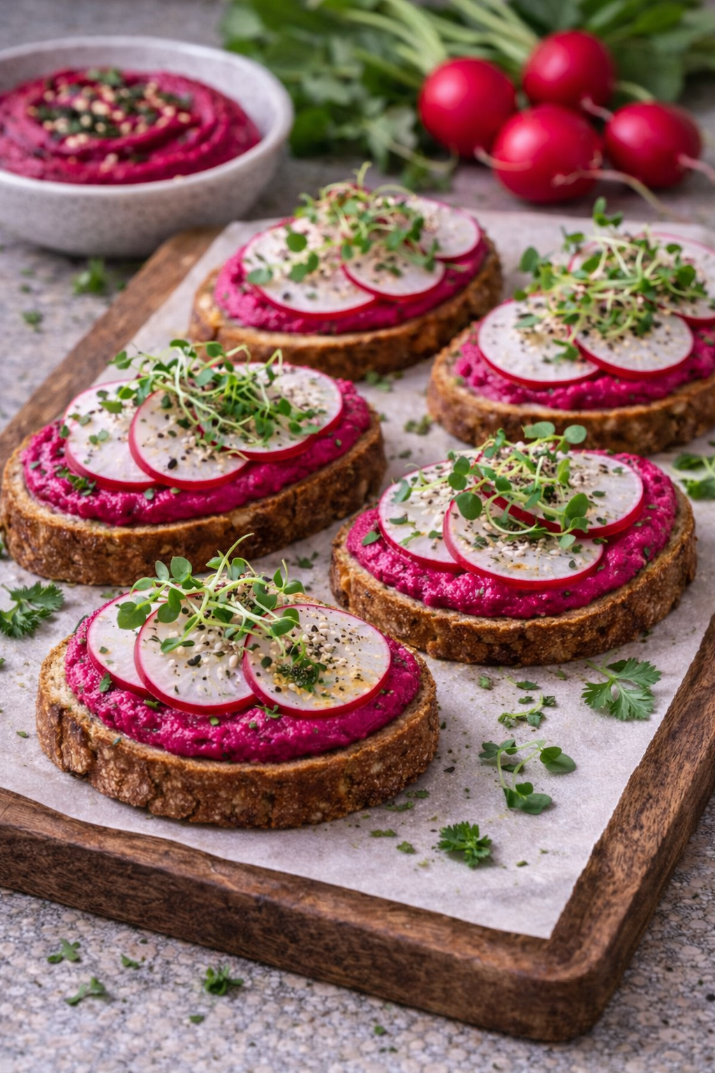 Canape Rote-Bete-Hummus mit karamellisierten Zwiebeln (veggie)