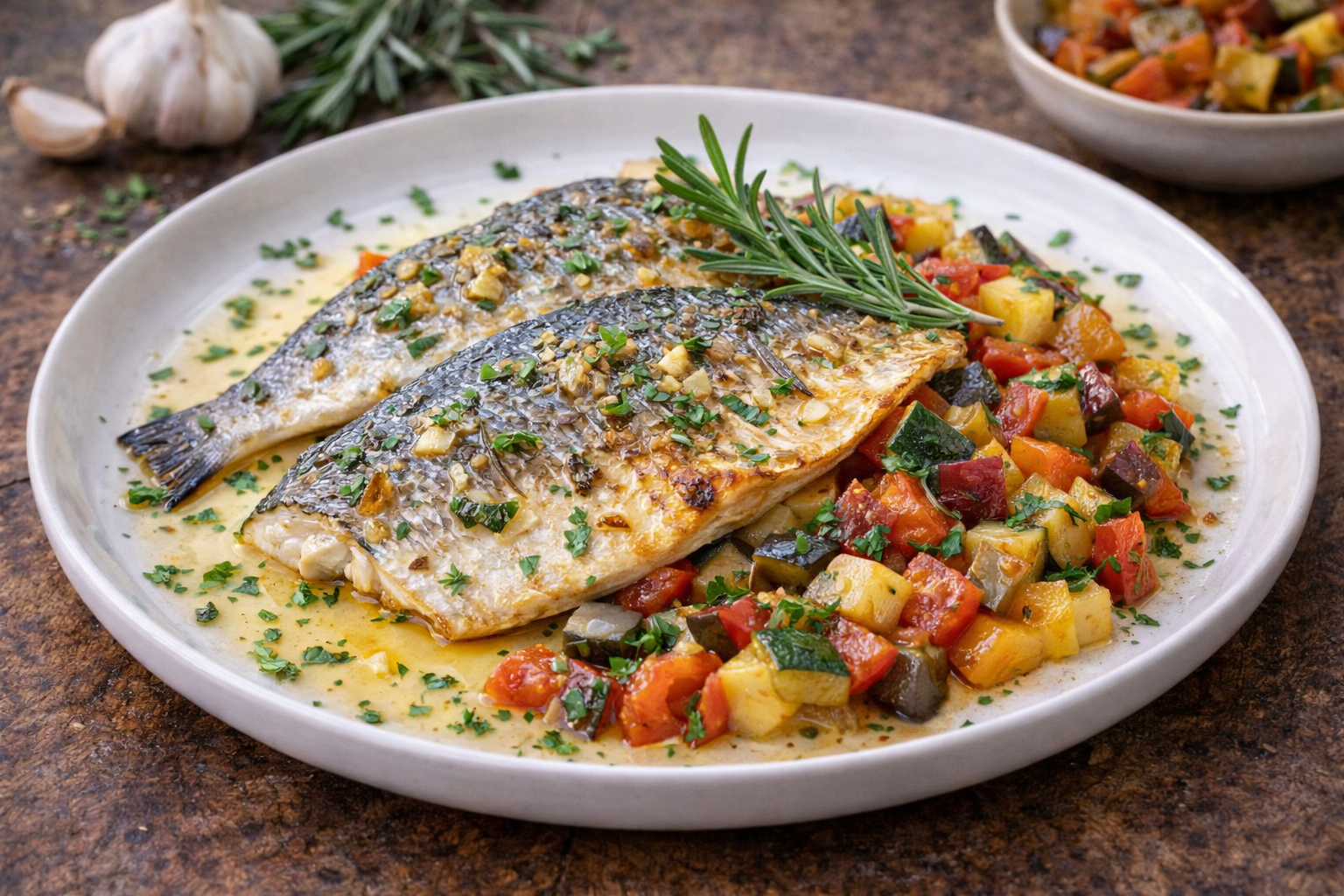 Gegrillte Dorade Filet mit Rosmarin-Knoblauchbutter