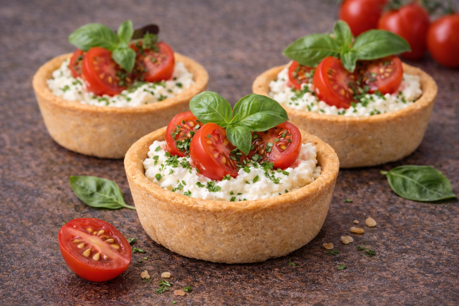 Tartlet mit Tomate, Frischkäse & Basilikum (veggie)