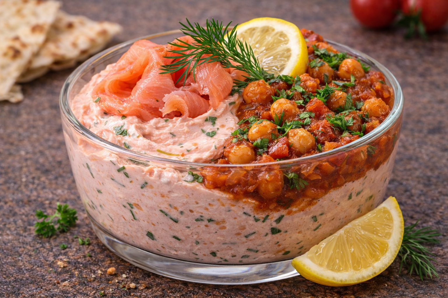 Smoked salmon cream with tomato-chickpea masala