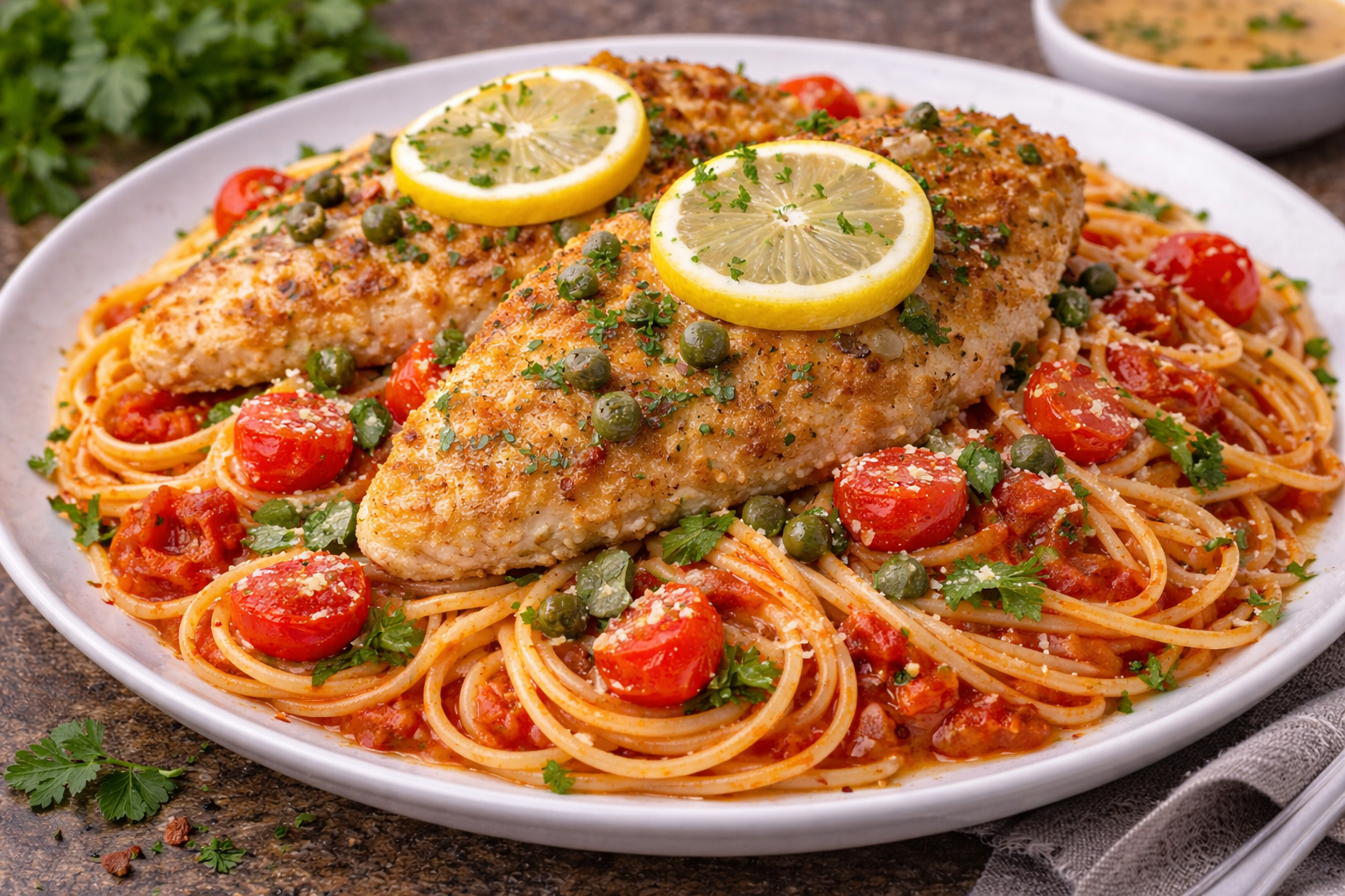 Chicken Breast Piccata on Tomato Spaghetti