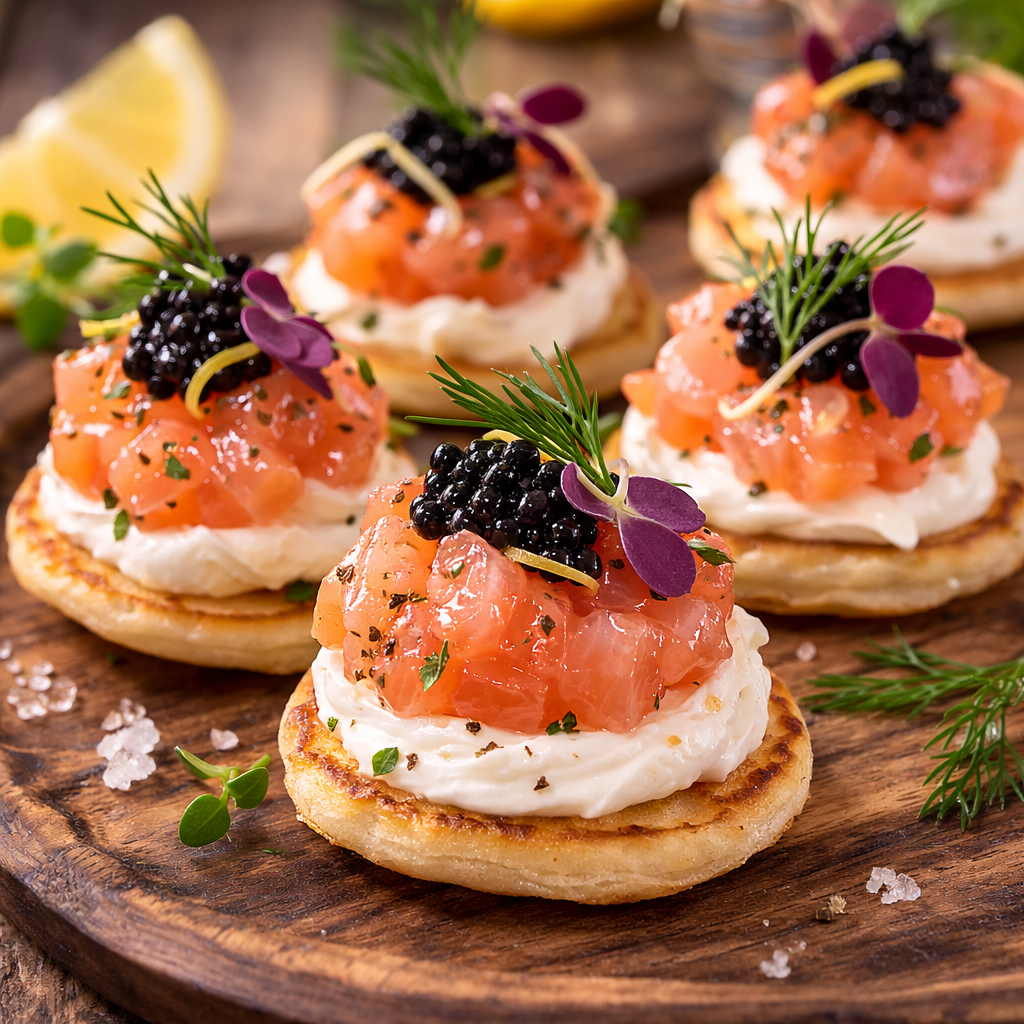 Lachstartar  Canape´Blinis