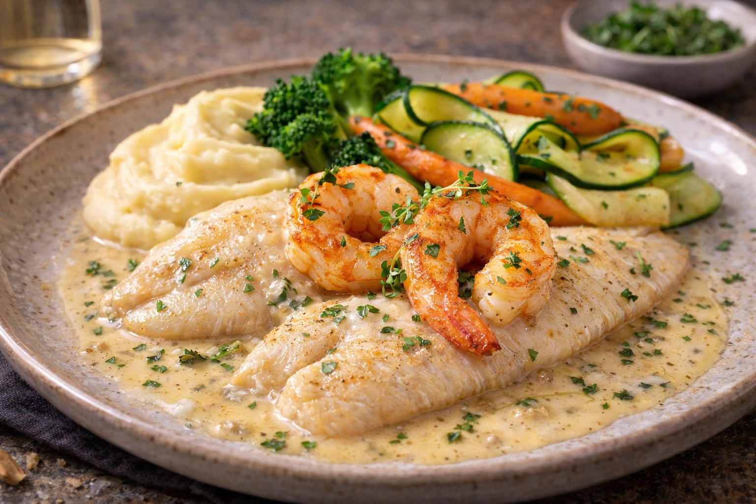 Seezungenfilet mit Garnele und Zucchini