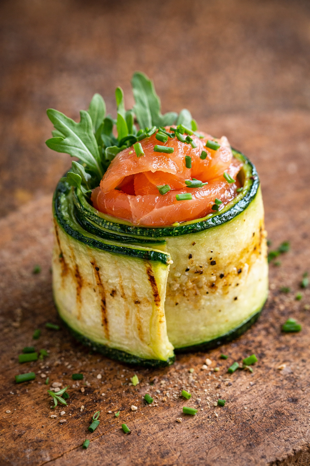 Zucchini-Röllchen mit Räucherlachs und Rucola