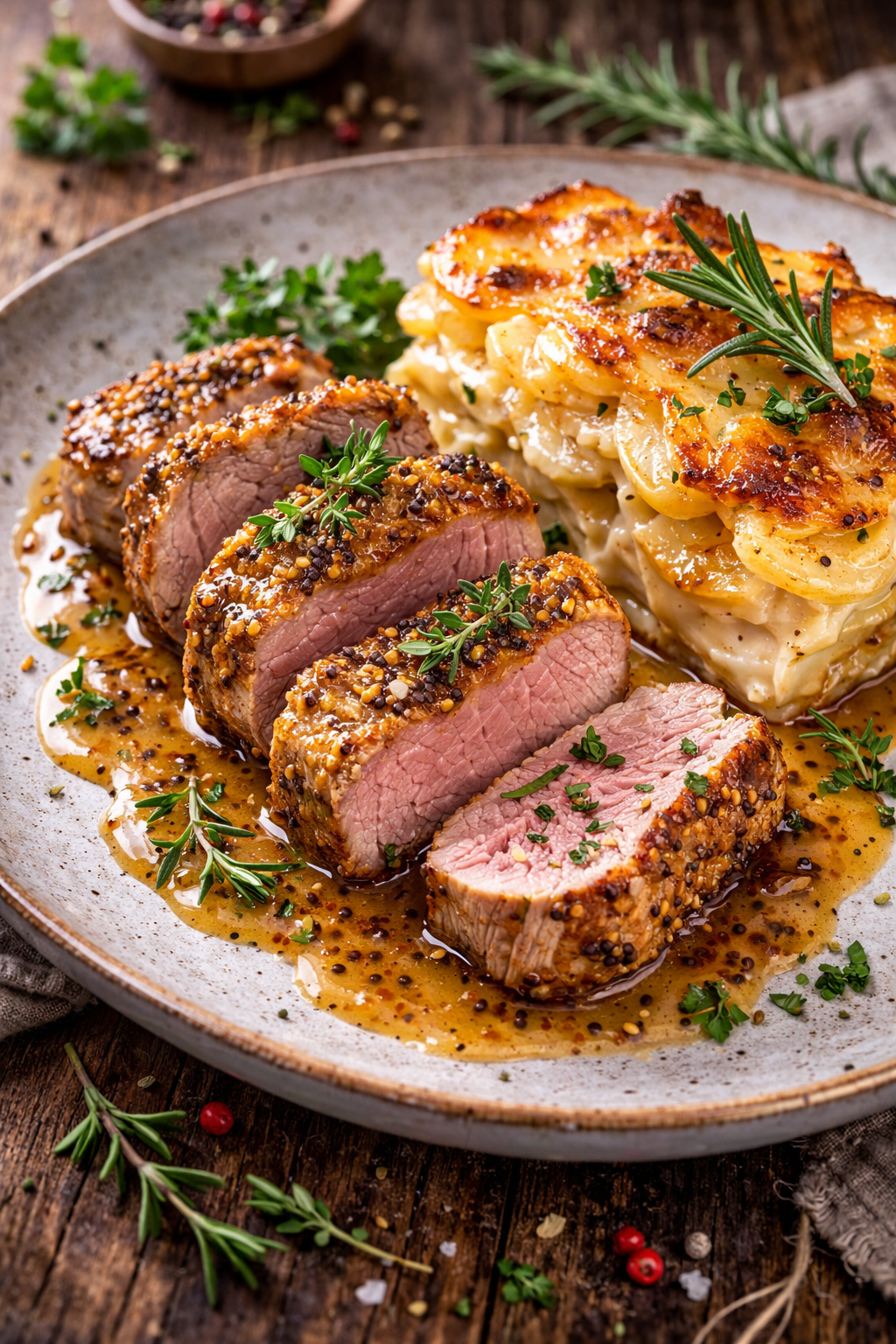 Schweinefiletmedaillons mit Senf-Kräuterkruste