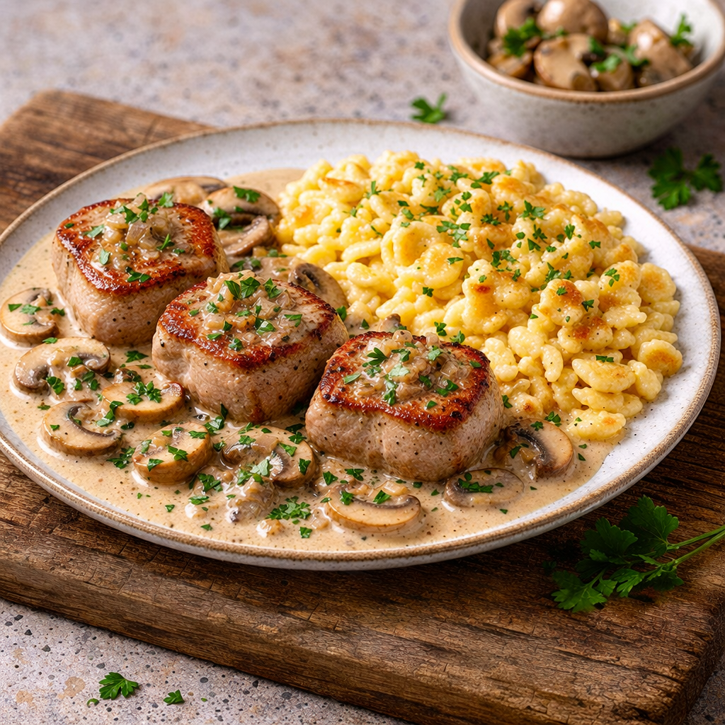 Schweinefiletmedaillons mit Champignon-Rahmsauce