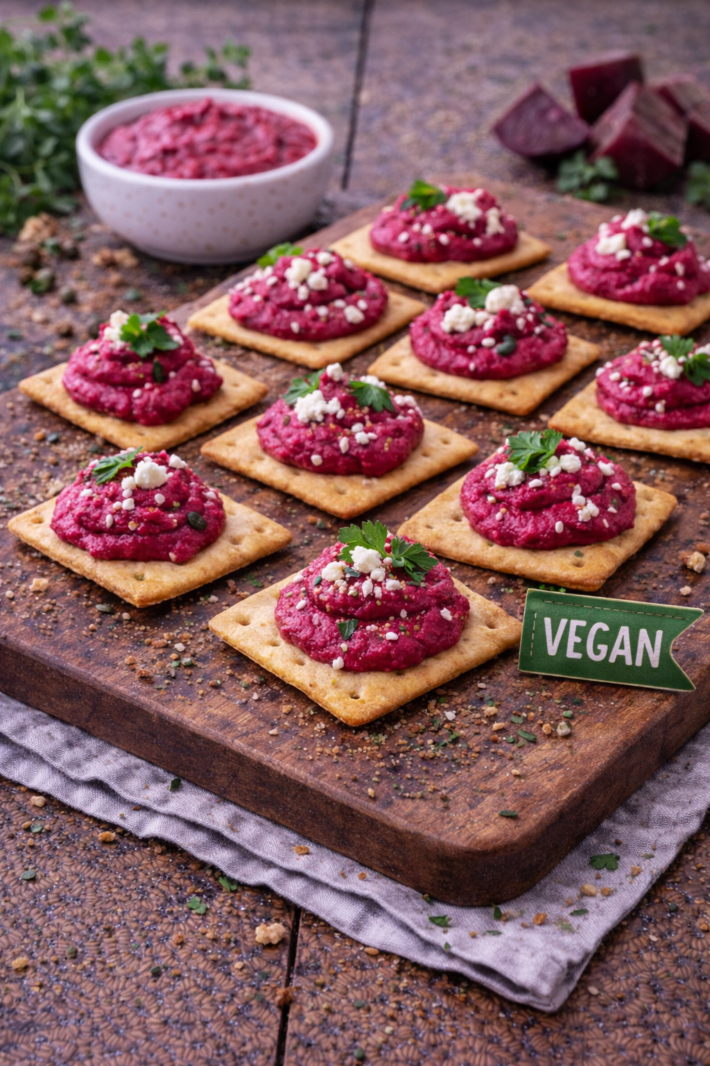 Rote-Bete-Hummus auf Mini-Cracker (vegan)