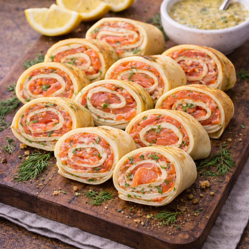 Lachs-Crêpes-Roulade mit Honig-Dill-Senf