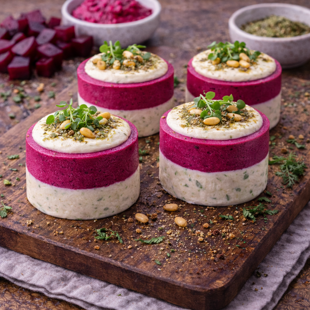 Rote Beete Mousse, mit Hummus-Joghurtspiegel