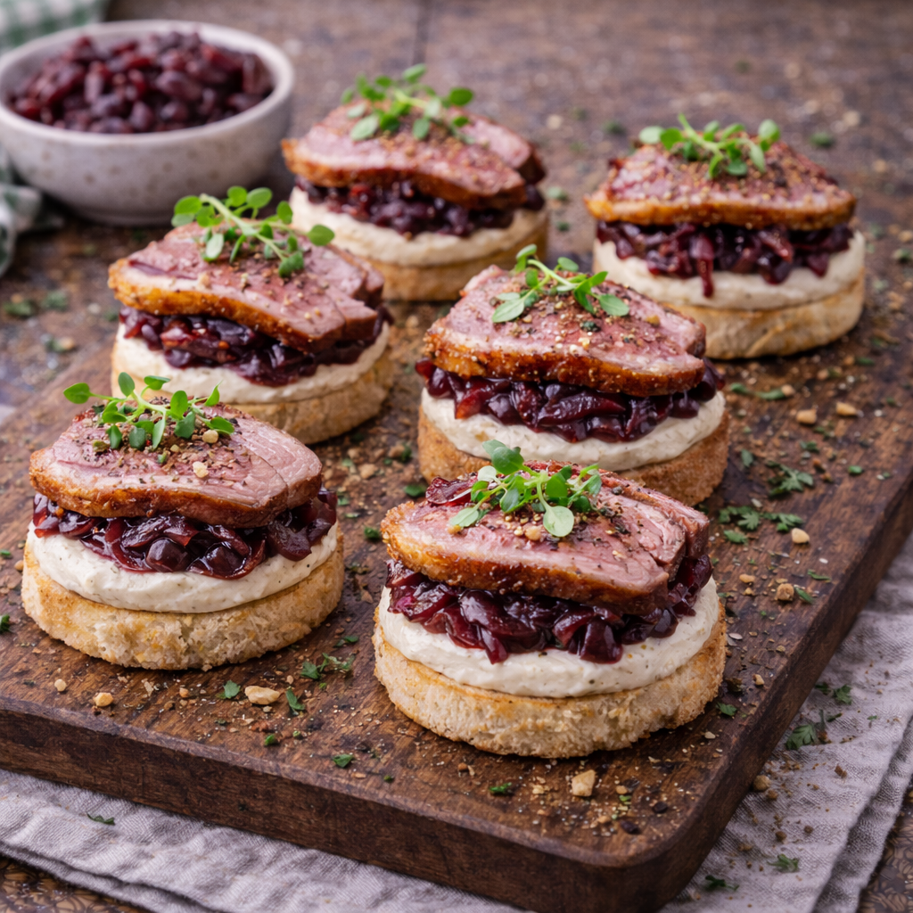 Entenbrust Canapés mit  karamellisierten roten  Zwiebeln    Zwiebeln