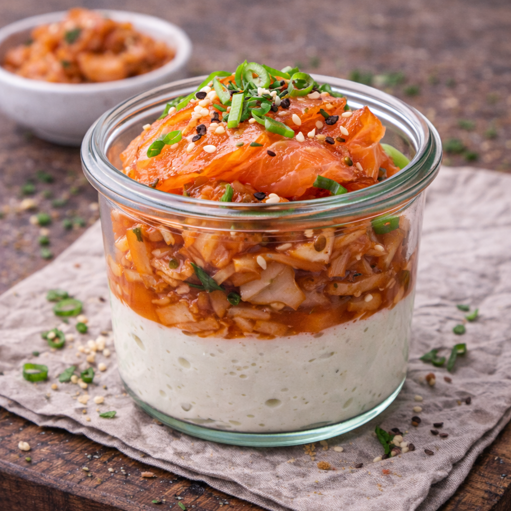 Gebeizter Lachs mit Kimchi auf Yuzu-Frischkäse-Mousse