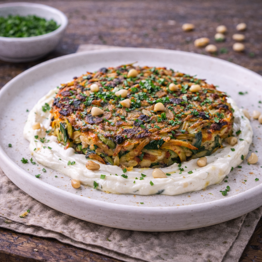 Gemüserösti auf feiner Käsecreme (veggie)