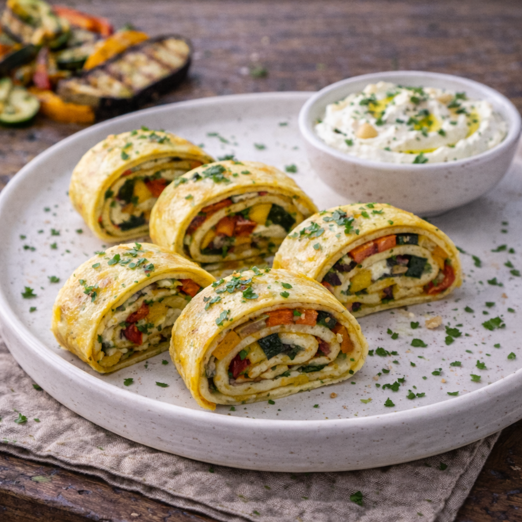 Grillgemüse-Crêpes-Roulade mit Frischkäse Dip