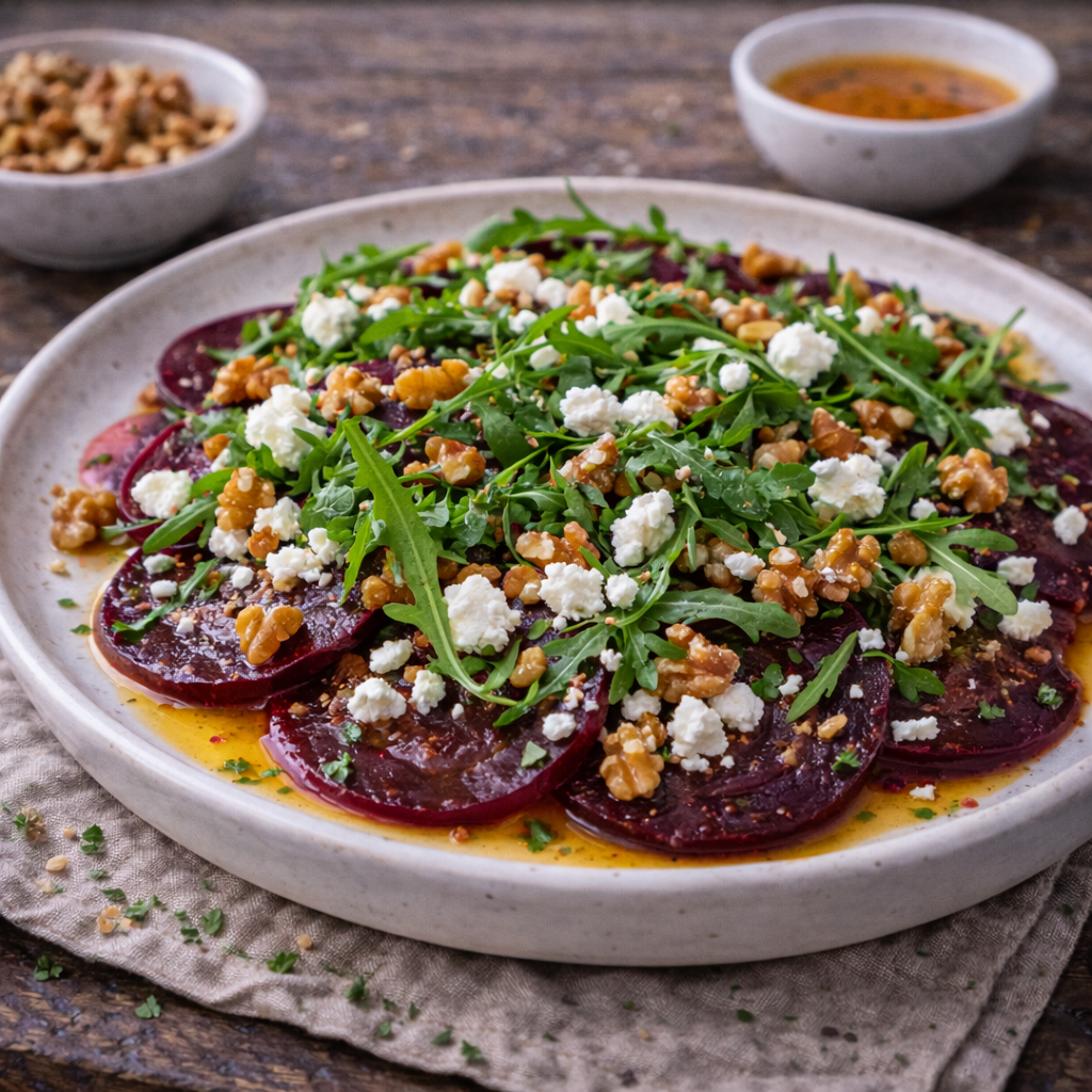 Rote Bete Carpaccio mit Ziegenkäse und Walnüssen (veggie)