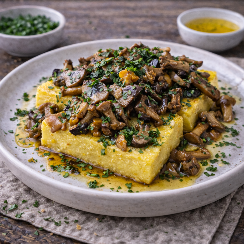 Gebackene Polenta mit Pilzragout und Trüffelöl (veggie)