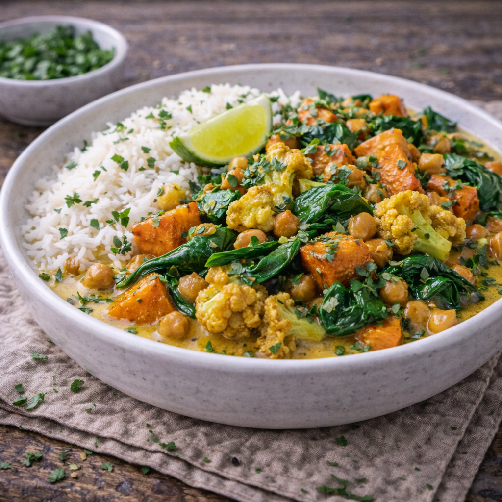 Winterliches Gemüse-Curry mit Kichererbsen und Spinat (veggie)