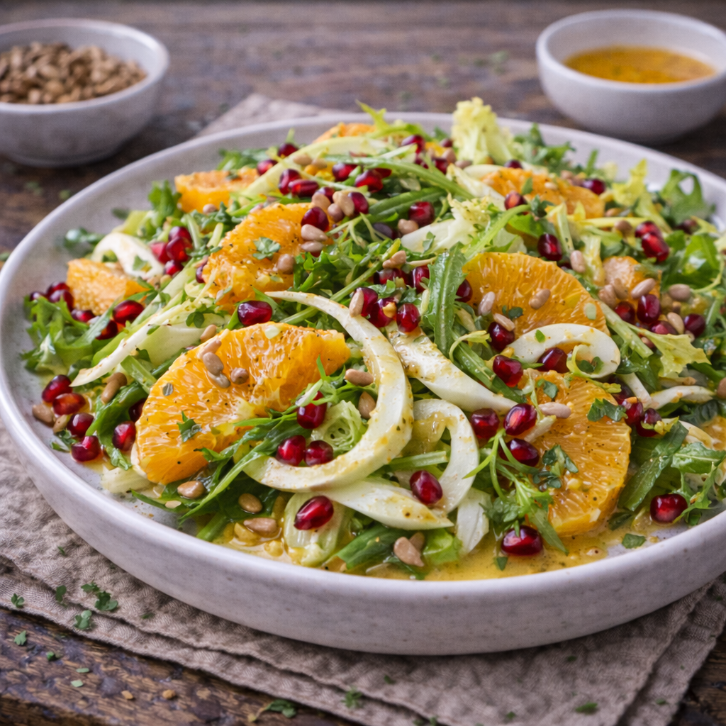 Winterlicher Salat mit Granatapfel, Orangen und Fenchel (vegan)