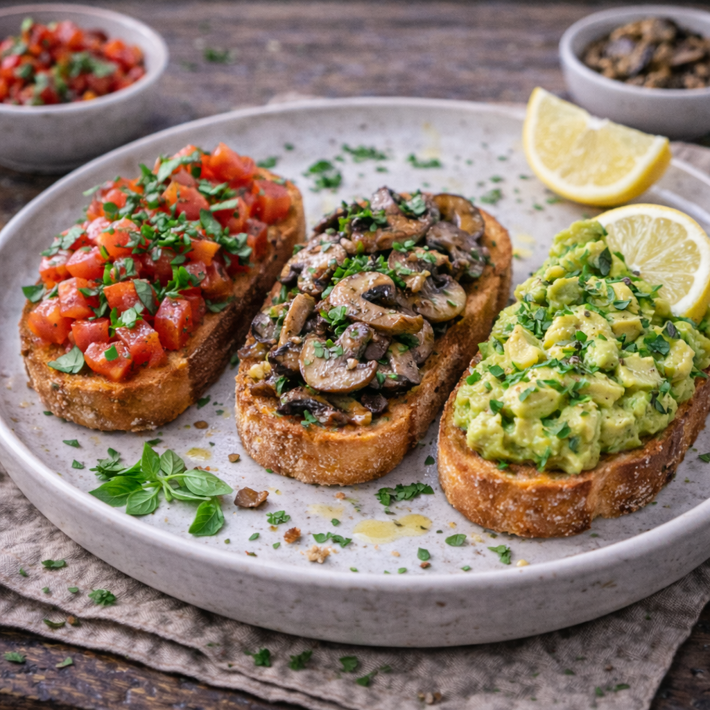 Trio von Bruschetta: Klassisch, Pilze und Avocado (veggie)