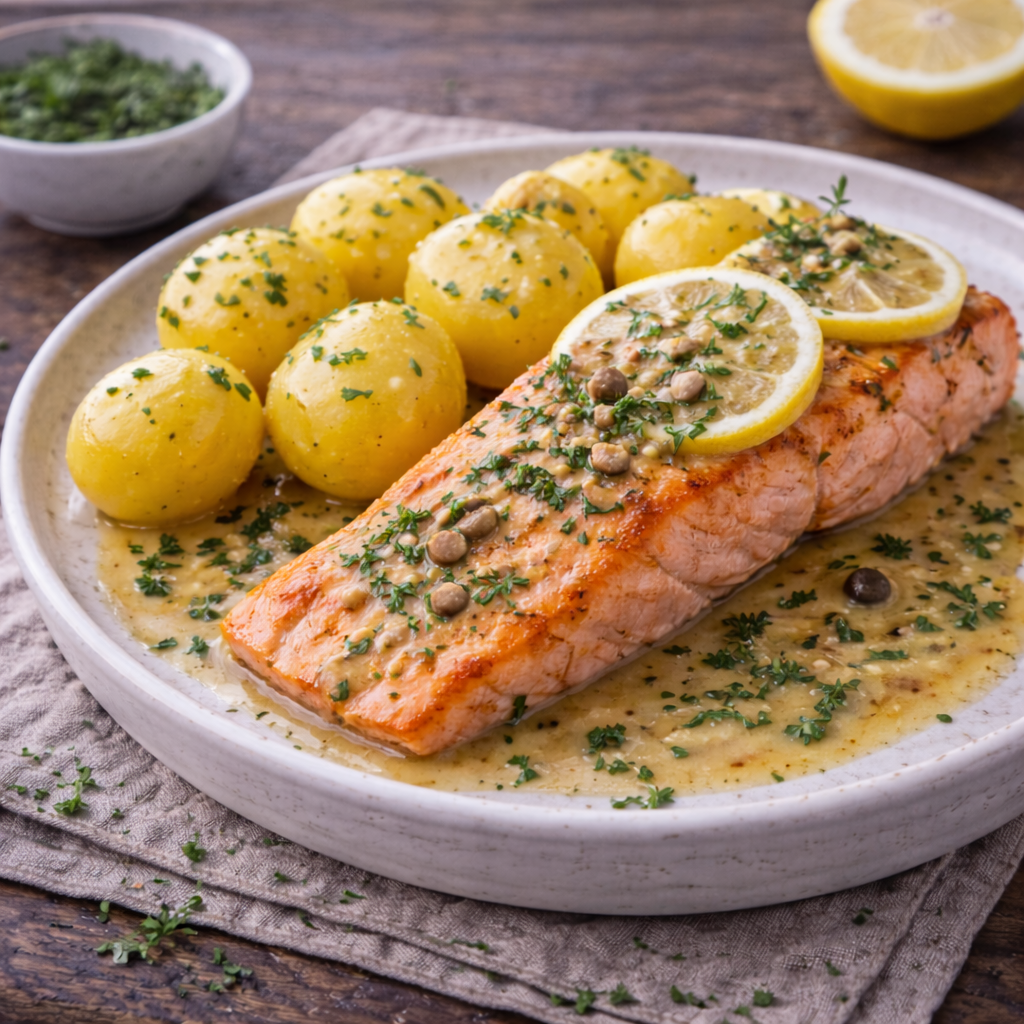 Lachsfilet in Zitronen Thymian Sauce mit Salzkartoffeln