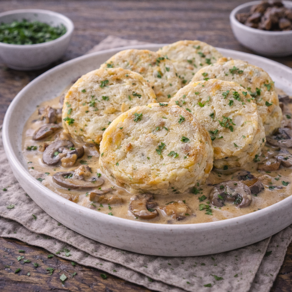 Serviettenknödel in Pilzrahmsauce (veggie)