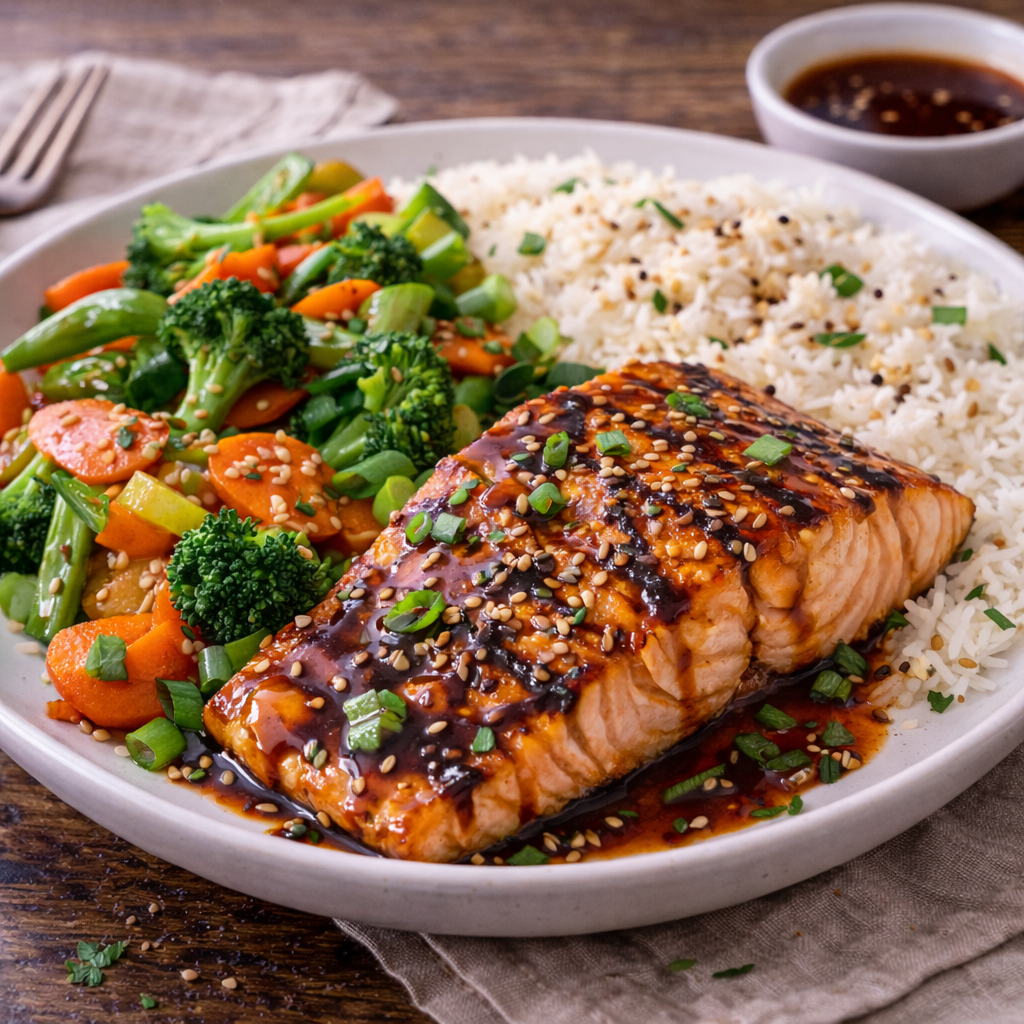 Lachs-Teriyaki mit Wokgemüse und Basmati