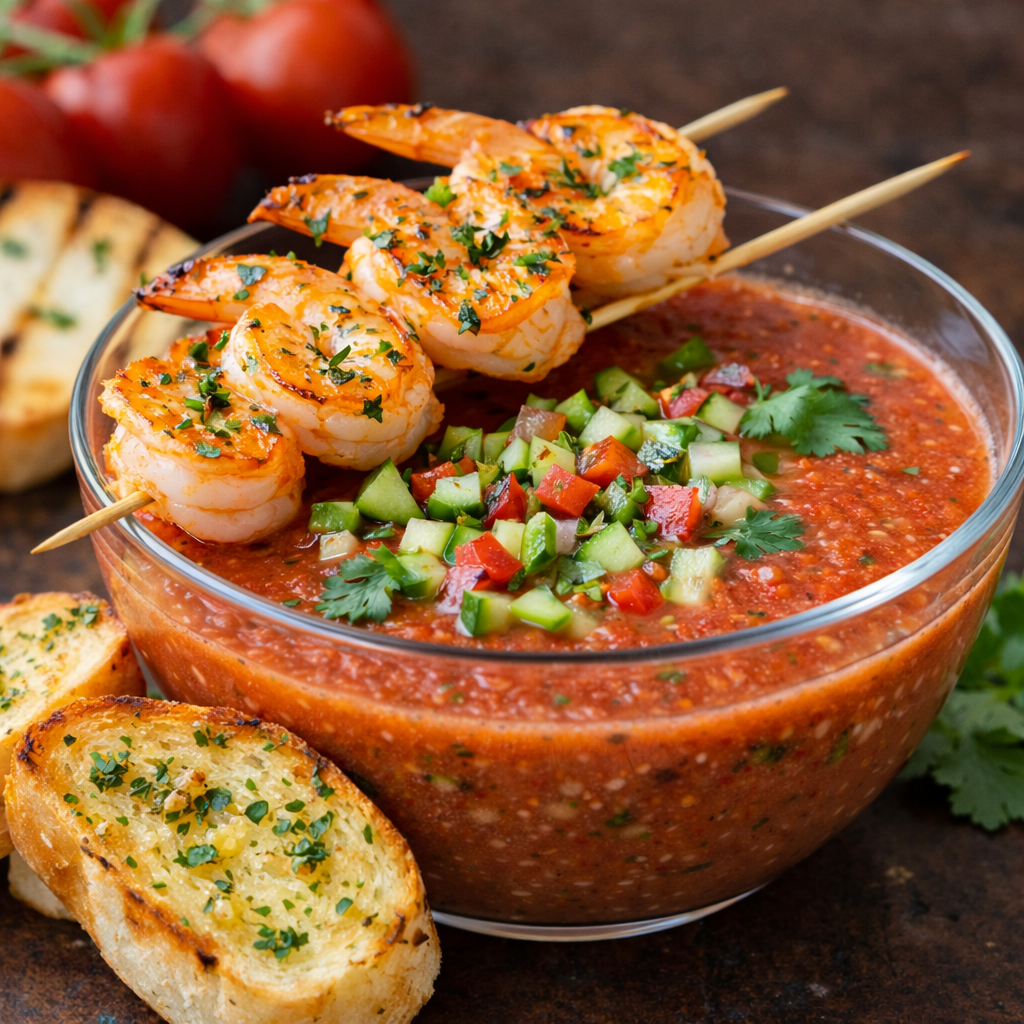 Cold Gazpacho with Shrimp Skewers & Garlic Bread