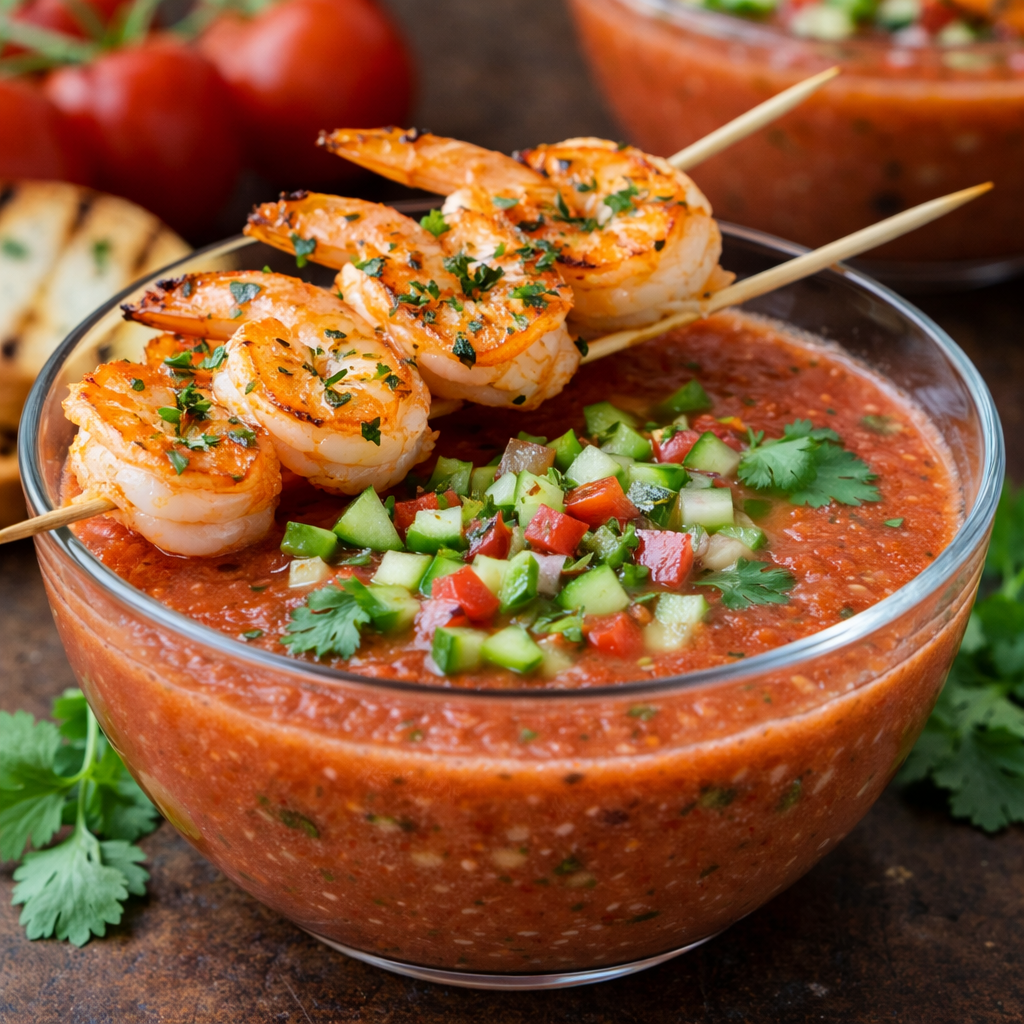 Kaltes Gazpacho mit Garnelenspießen