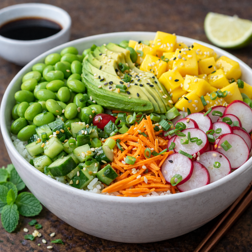 Vegane Poké-Bowl mit Edamame, Avocado & Mango