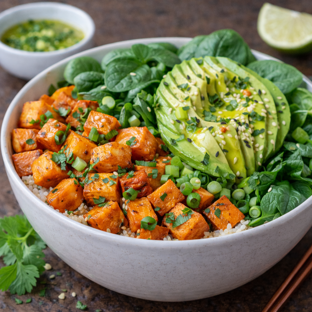 Sweet potato salad with avocado & lime dressing (vegan)