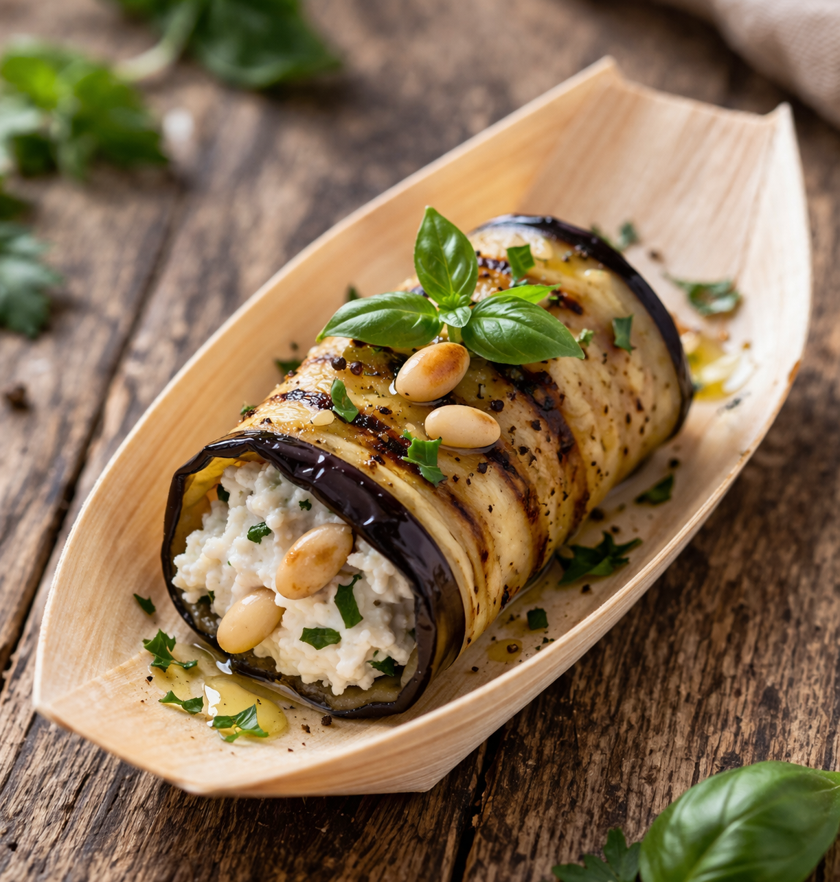 Aubergine rolls with Ricotta & Pine nuts