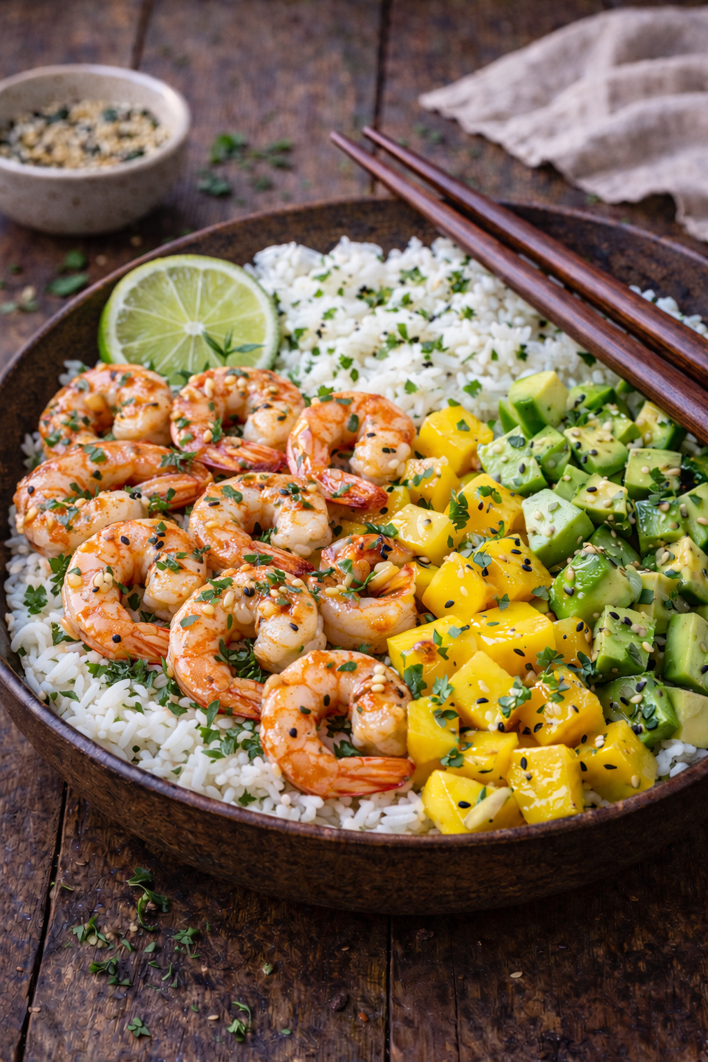 Garnelen-Bowl mit Mango, Avocado & Jasminreis