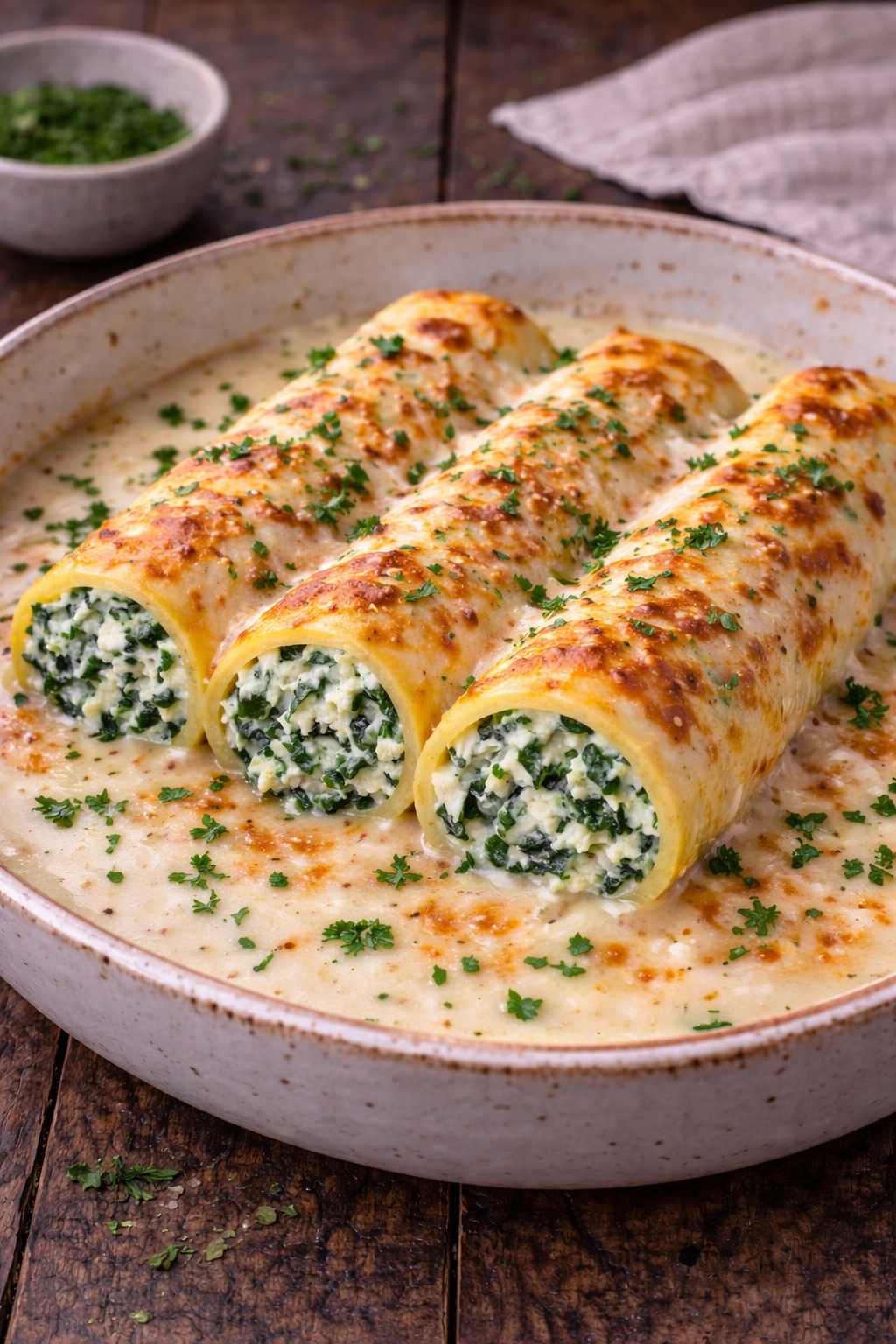 Cannelloni gefüllt mit Ricotta und Spinat