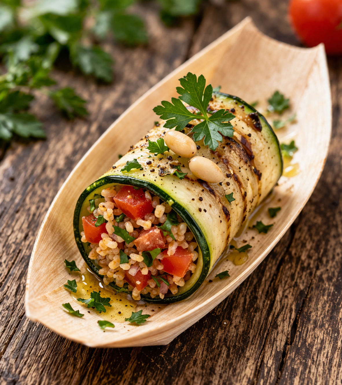 Zucchini rolls with bulgur-tomato filling (veggie)
