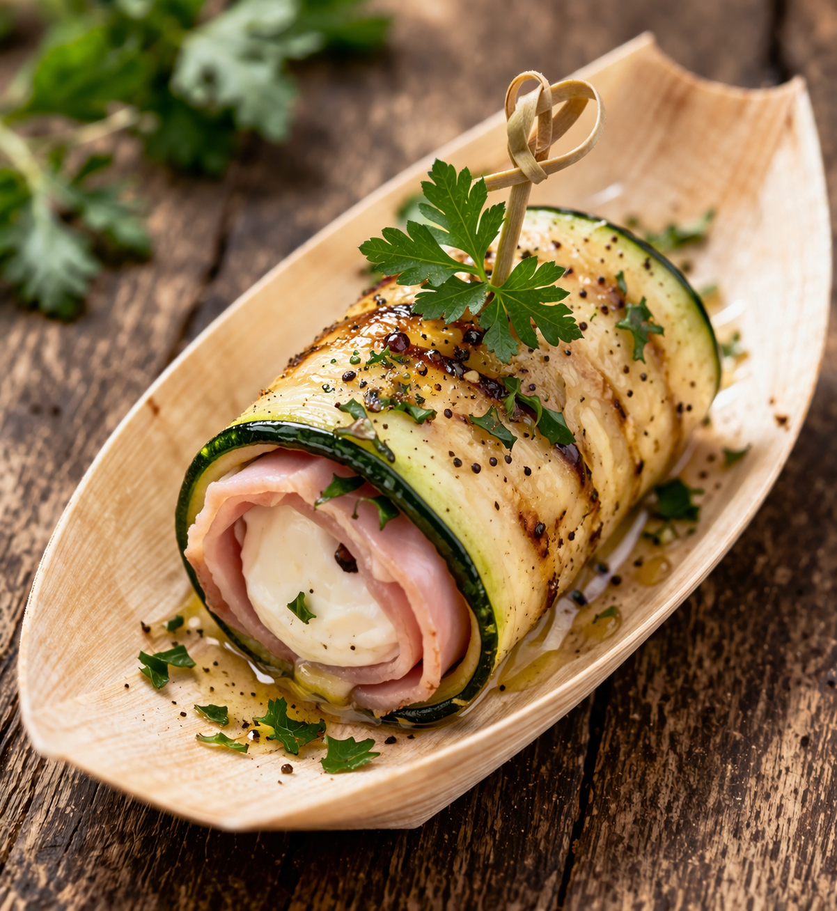 Zucchini roll-ups with ham and mozzarella