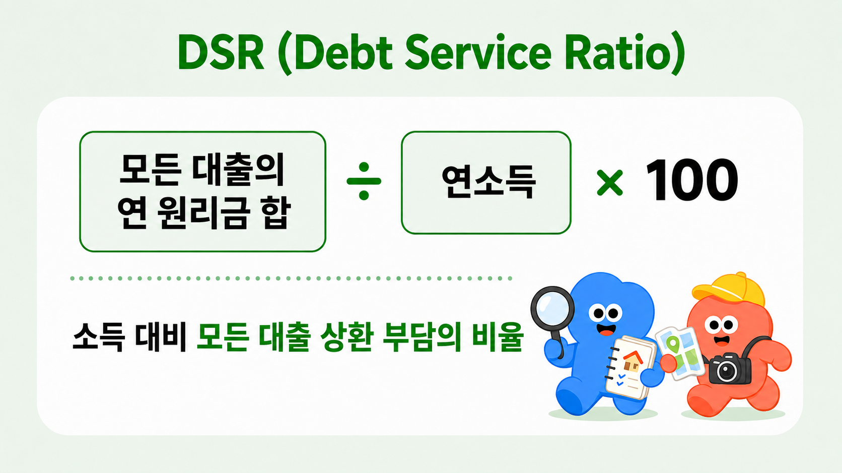 DSR = 모든 대출의 연 원리금 합 ÷ 연소득 × 100